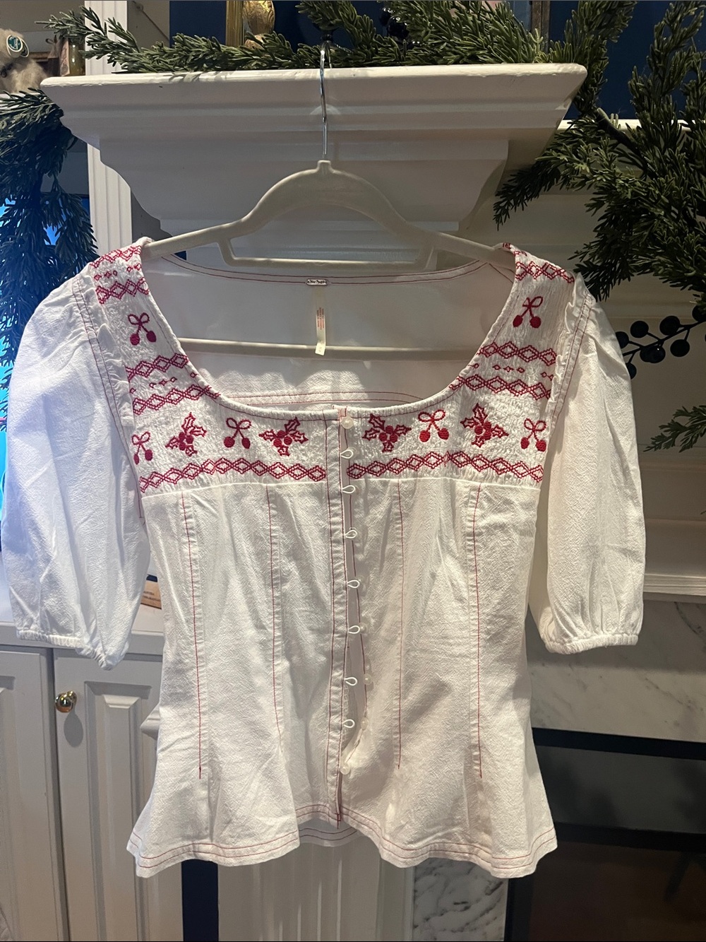 Free People White Button-Front Blouse with Red Embroidery